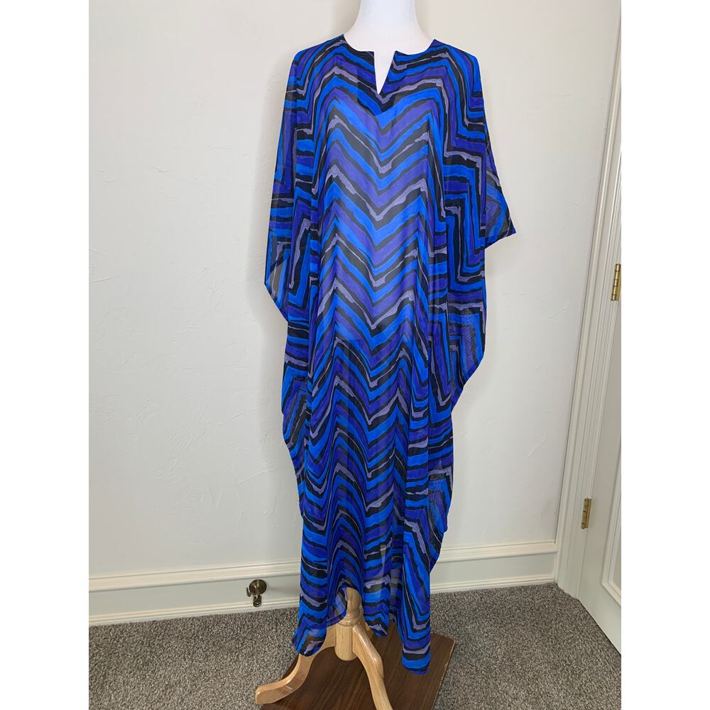 Kaftan Chevron Blue Purple Black Sheer Chiffon Split Neck OSFM